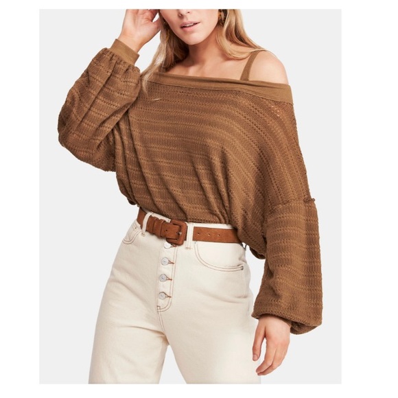 Free People Sistine Cold Shoulder Brown Square Neckline Long Sleeve Sweater Top - Picture 10 of 10